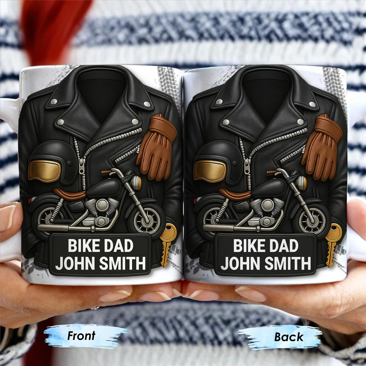 Bike Dad, Motorcycle and Leather Jacket, Personalized Coffee Mug, Gift For Dads and Bikers