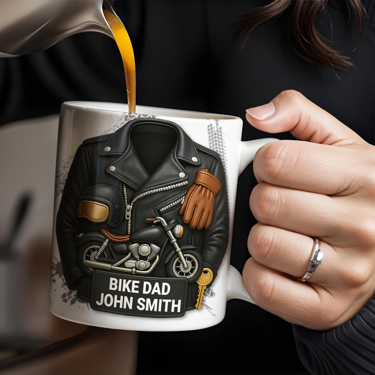 Bike Dad, Motorcycle and Leather Jacket, Personalized Coffee Mug, Gift For Dads and Bikers
