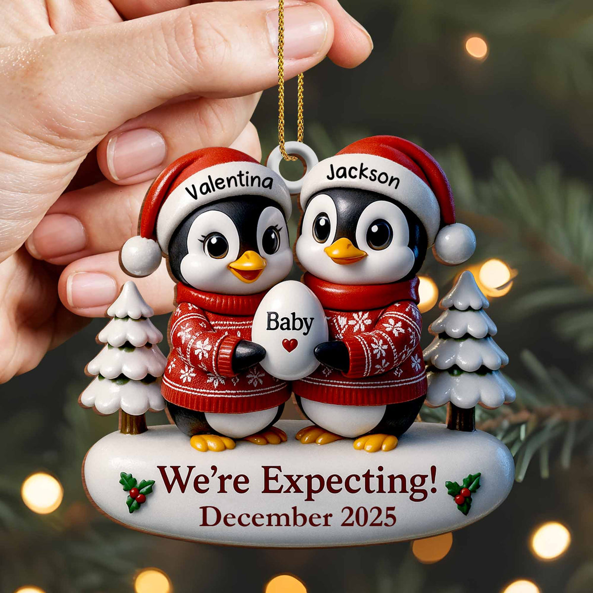 We're Expecting December With Penguins And Christmas Trees, Personalized Custom Wood Ornament