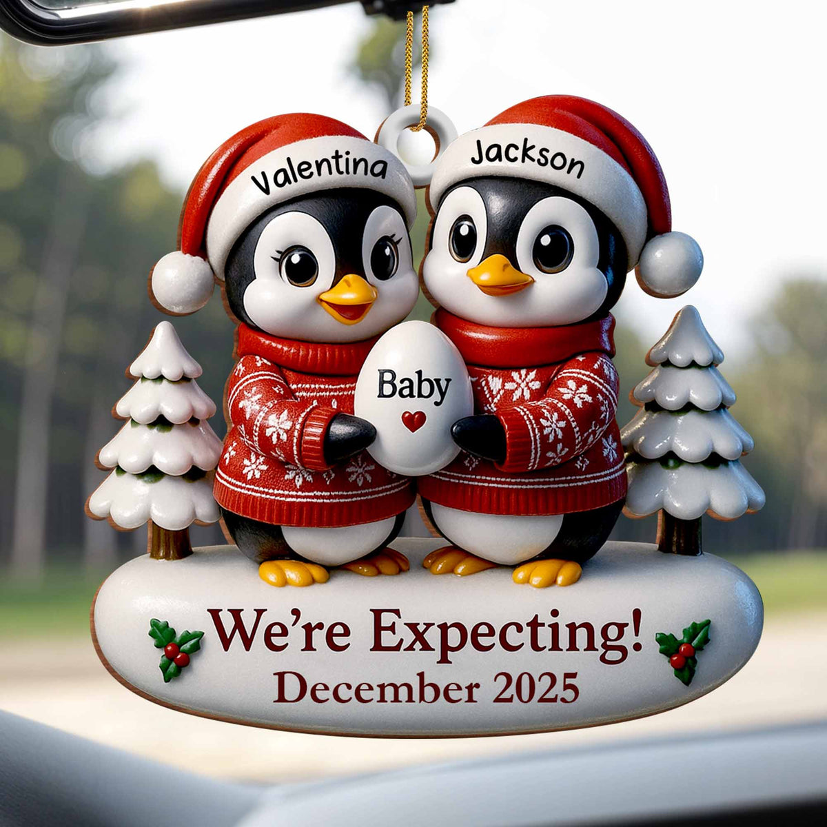 We're Expecting December With Penguins And Christmas Trees, Personalized Custom Wood Ornament