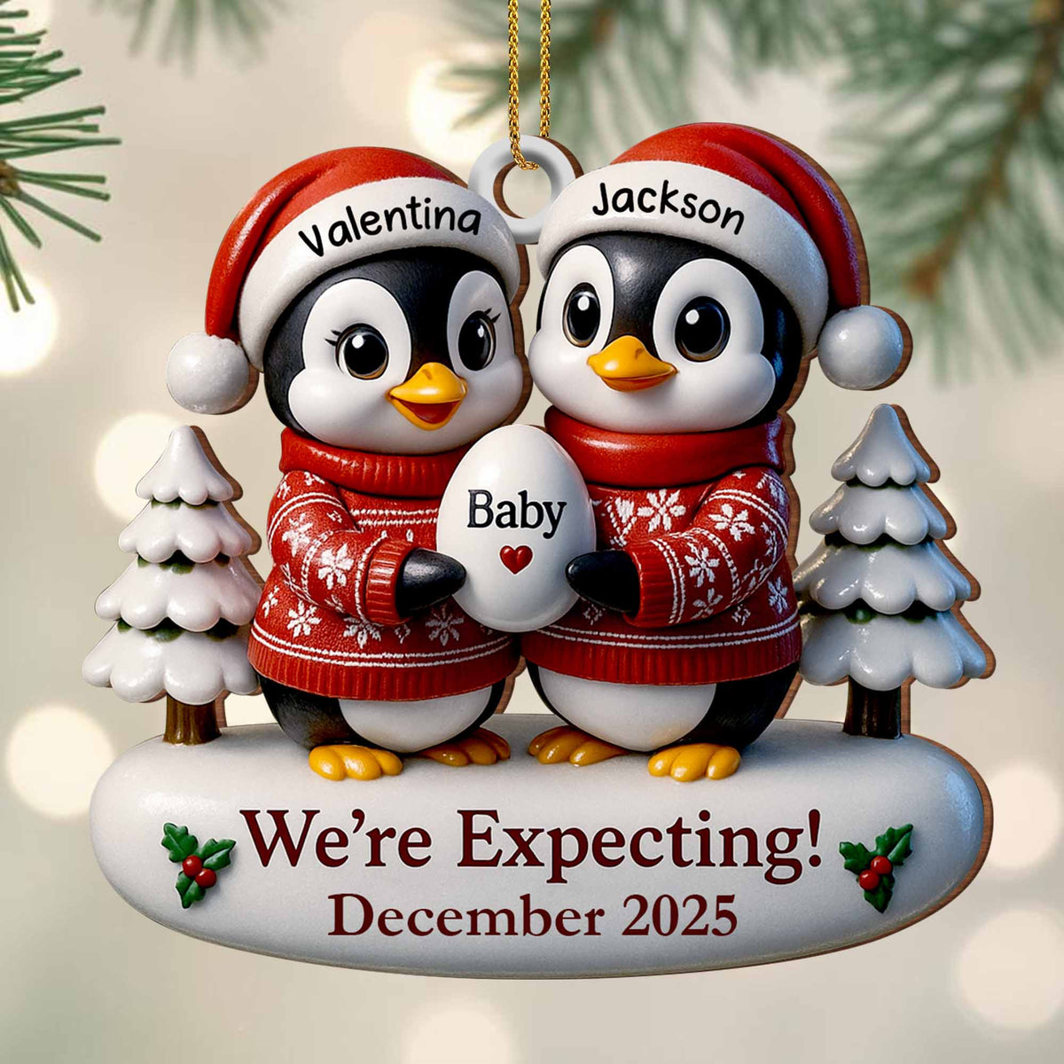 We're Expecting December With Penguins And Christmas Trees, Personalized Custom Wood Ornament