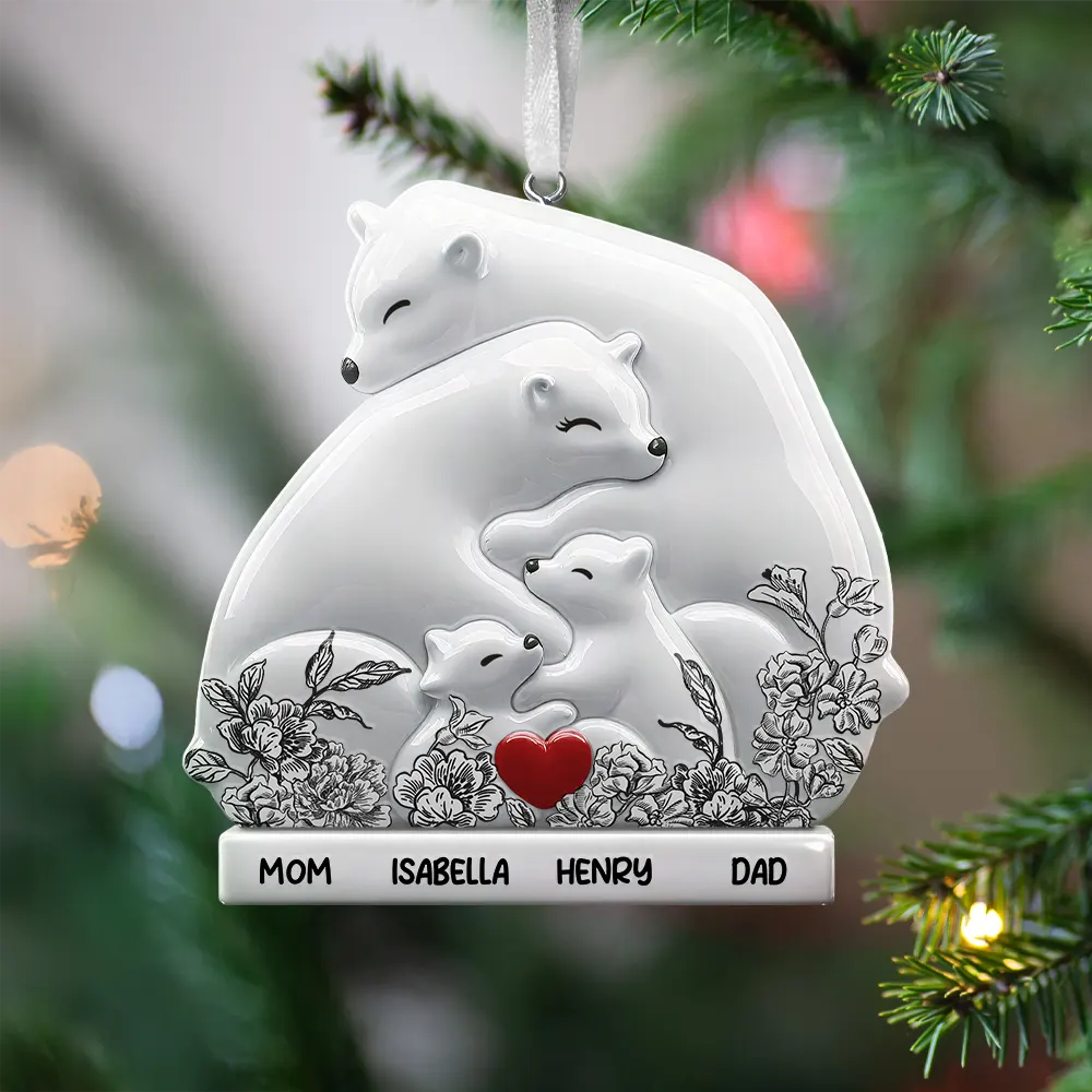Hugging Bear Family Toile De Jouy Art - Personalized Embossed Ceramic Ornament
