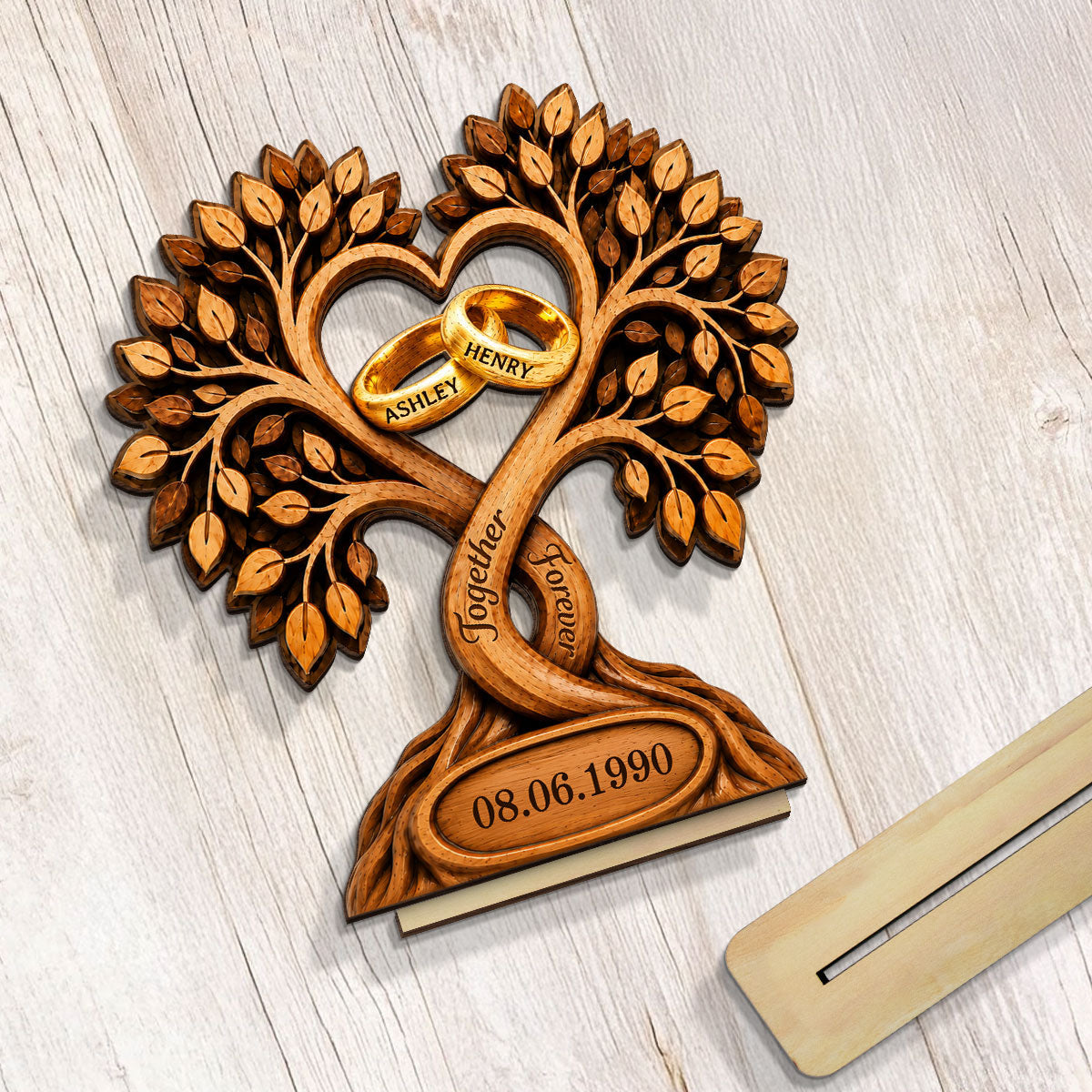 Forever Love Couple Rings In Tree Canopy - Personalized Wooden Plaque - Anniversary Gift, Wedding Gift For Couple
