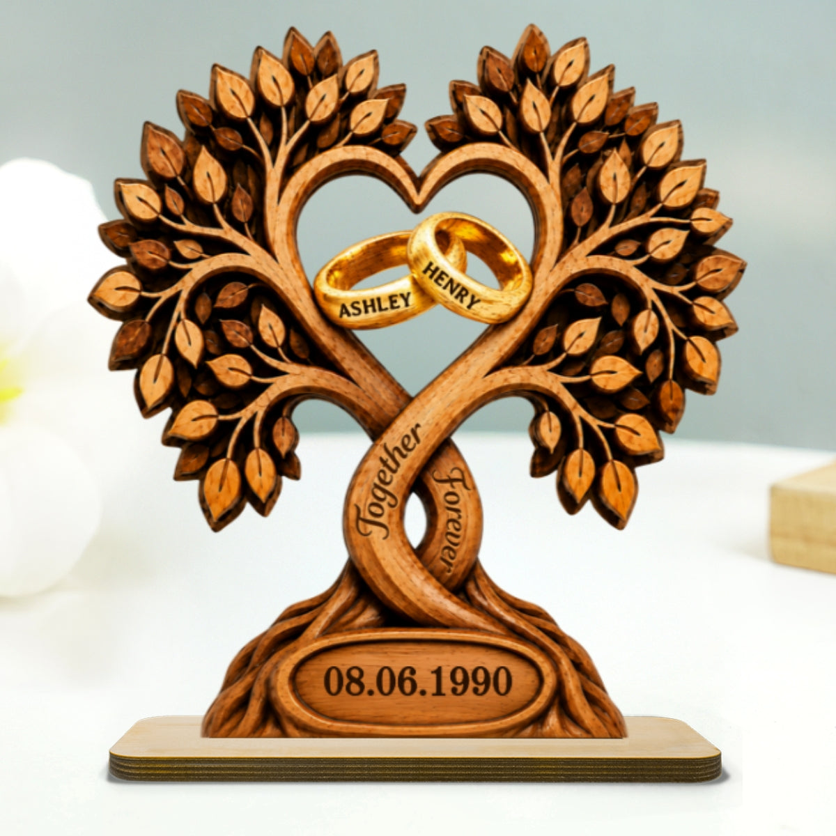 Forever Love Couple Rings In Tree Canopy - Personalized Wooden Plaque - Anniversary Gift, Wedding Gift For Couple