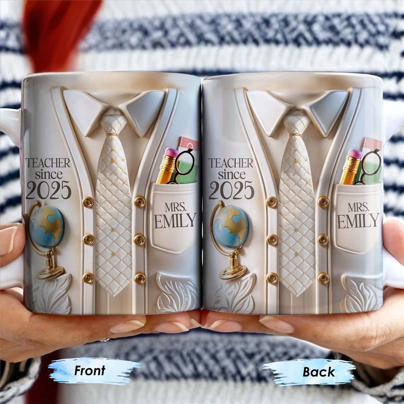 Teacher Since 2025 Featuring Tie, Globe, and Pocket, Personalized Coffee Mug, Gift For Teachers