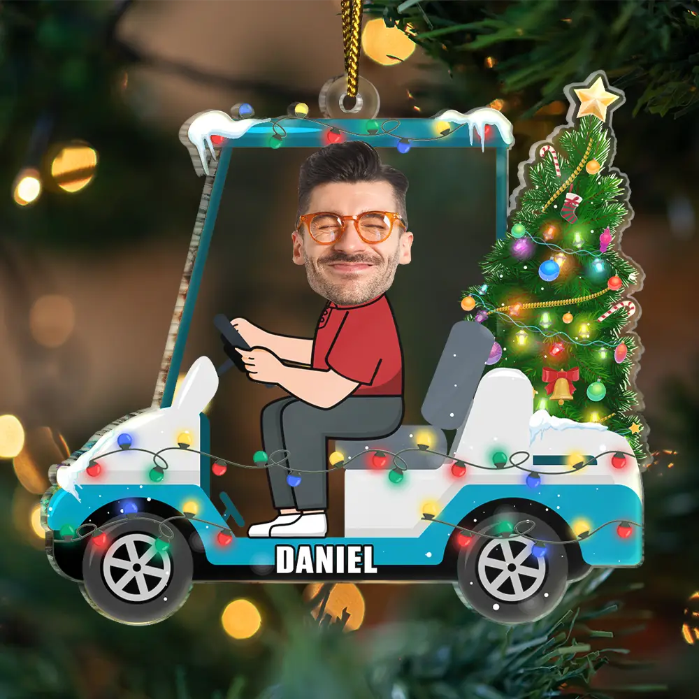 Custom Photo Funny Face Golf Cart - Personalized Custom Shaped Acrylic Ornament