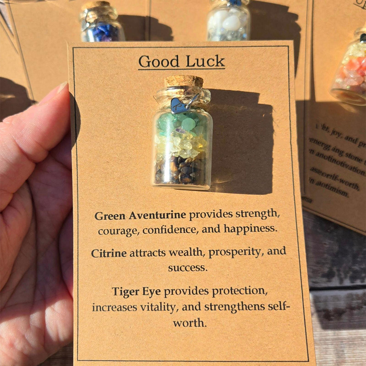 Personalized GOOD LUCK crystal chip bottle.  Lucky charm.  Crystals for new beginnings, exams, interview