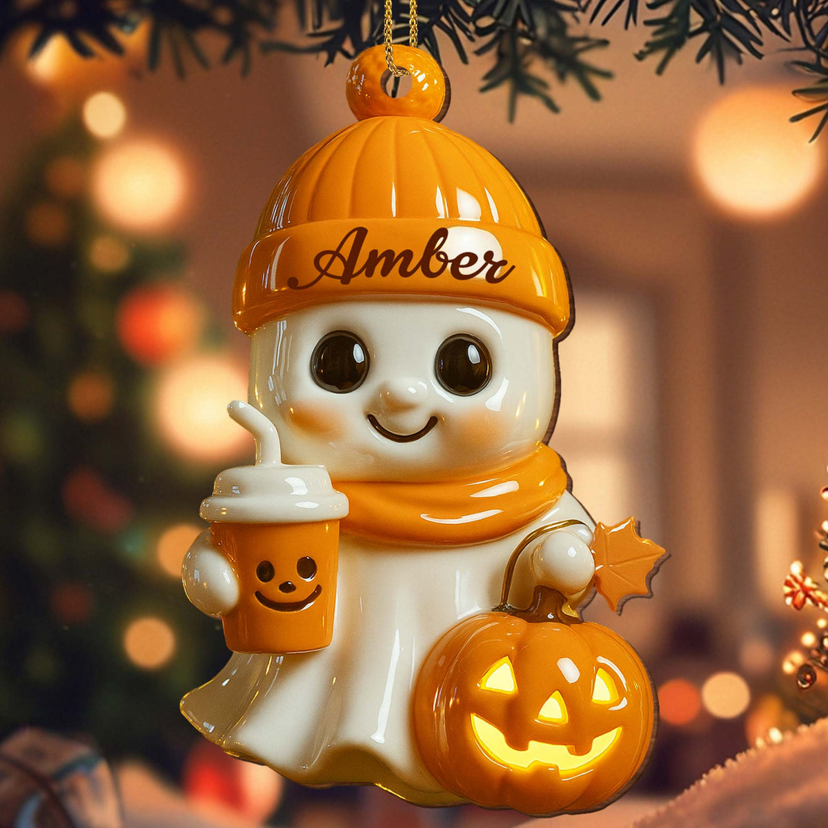 Celebrate Cozy Autumn Vibes Ghost and Pumpkin, Personalized Wood Ornament Gift for Halloween Lovers