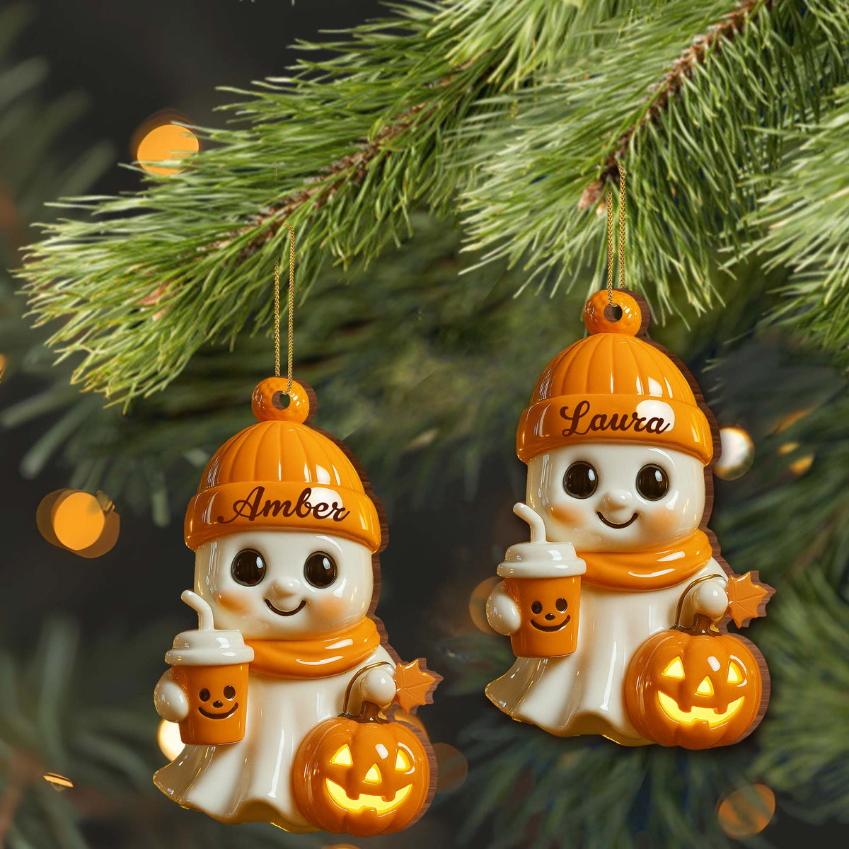 Celebrate Cozy Autumn Vibes Ghost and Pumpkin, Personalized Wood Ornament Gift for Halloween Lovers