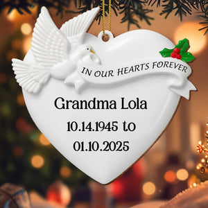 In Our Hearts Forever Heart and Dove Ornament, Custom Wood Ornament, Gift for Family