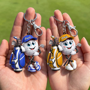 Holding Golf Club Golf Ball Keychain - Personalized Golf Mascot Keychain Gift for Male & Female Golfer