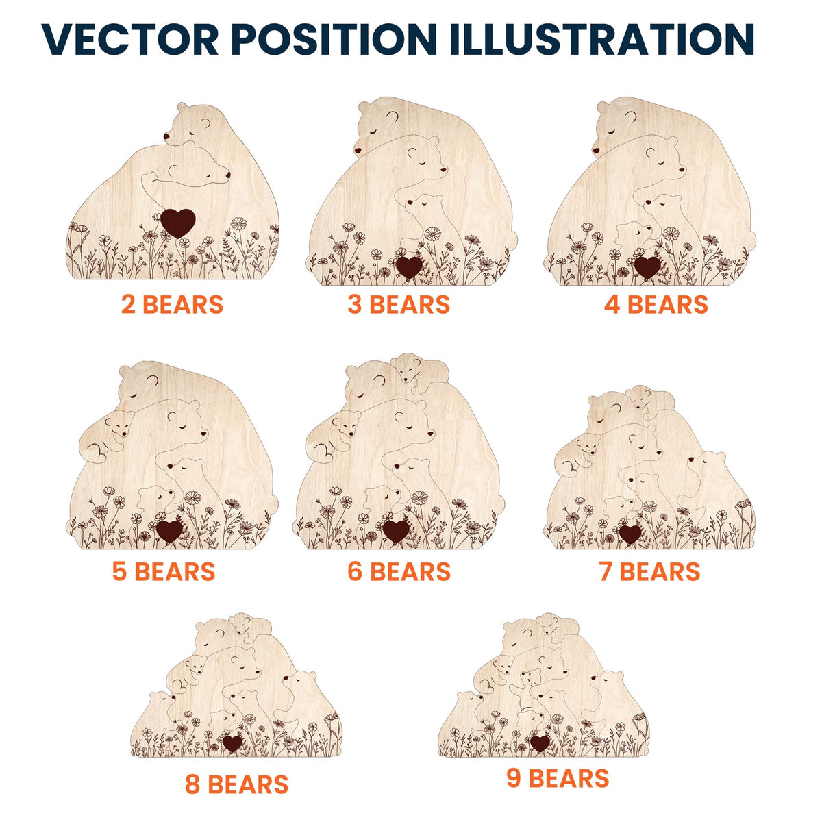 Hugging Bear Family Floral Version - Personalized Wooden Bear Family Puzzle