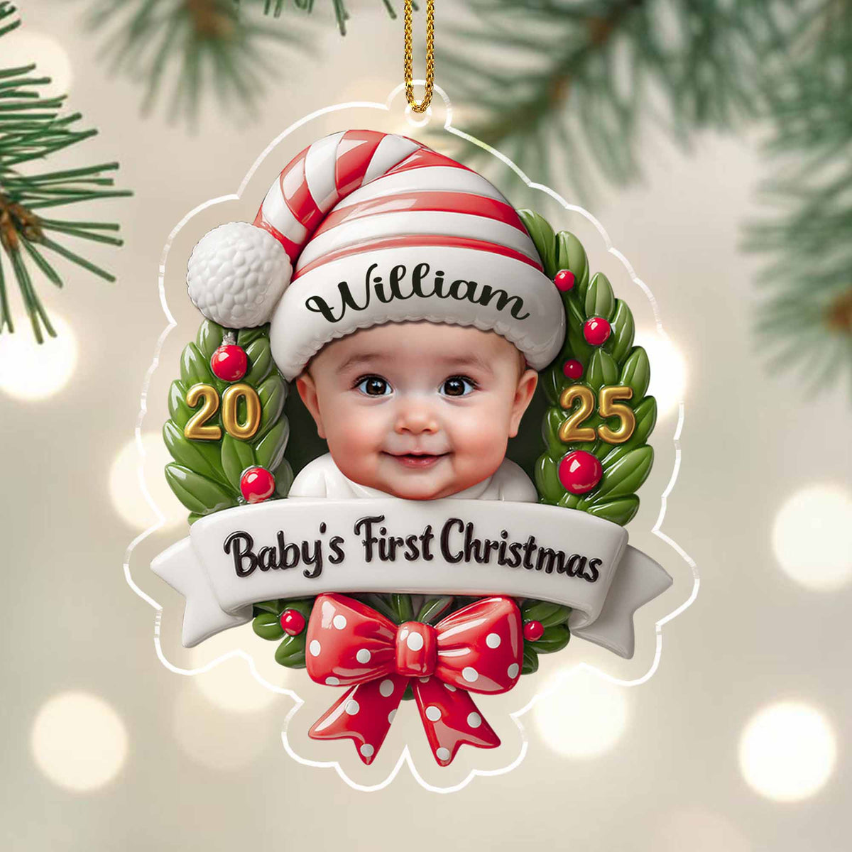 Personalized Baby's First Christmas Baby and Christmas Wreath Ornament
