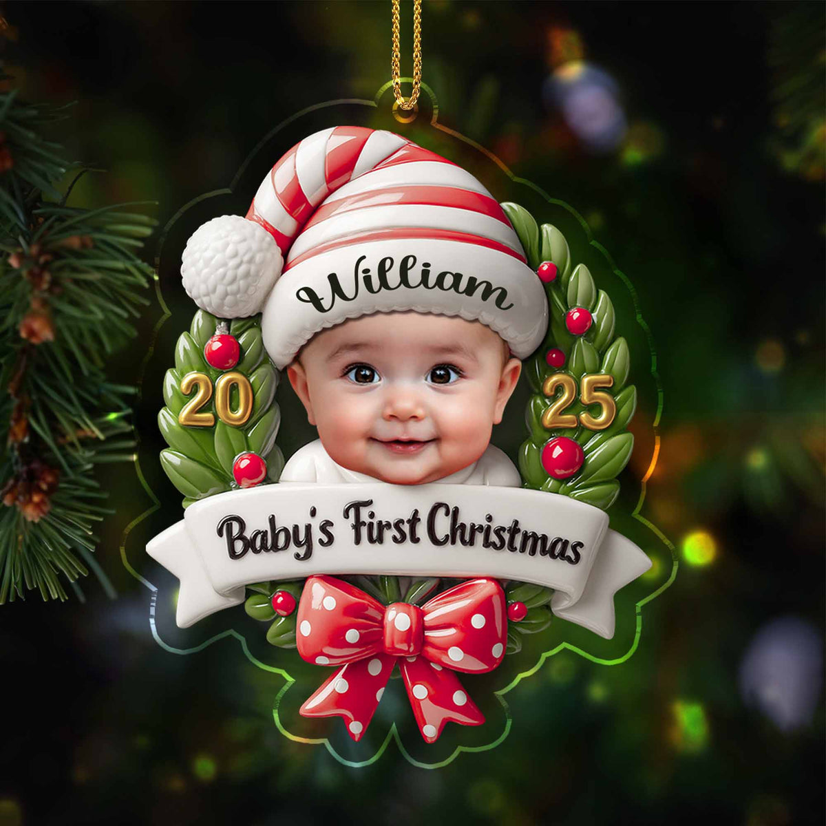 Personalized Baby's First Christmas Baby and Christmas Wreath Ornament