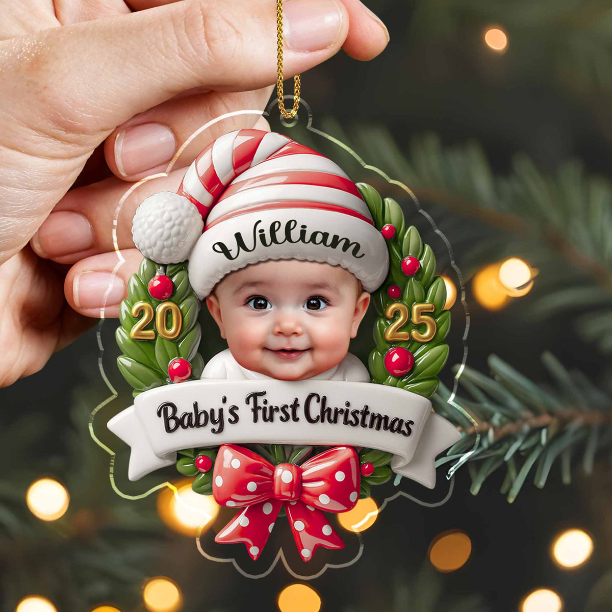 Personalized Baby's First Christmas Baby and Christmas Wreath Ornament