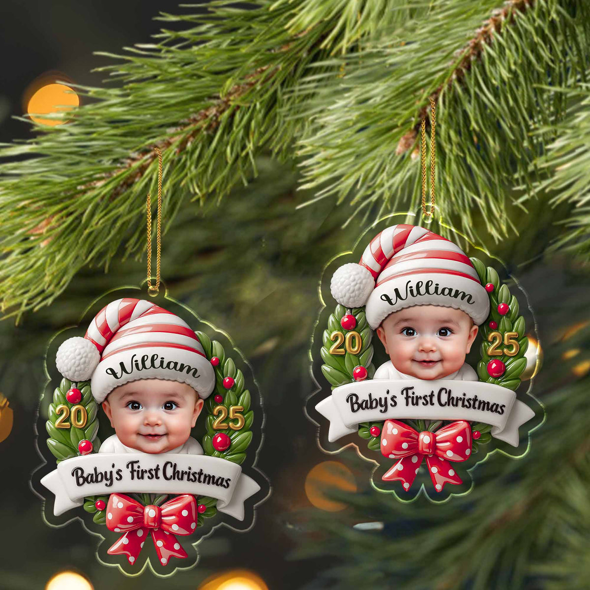 Personalized Baby's First Christmas Baby and Christmas Wreath Ornament