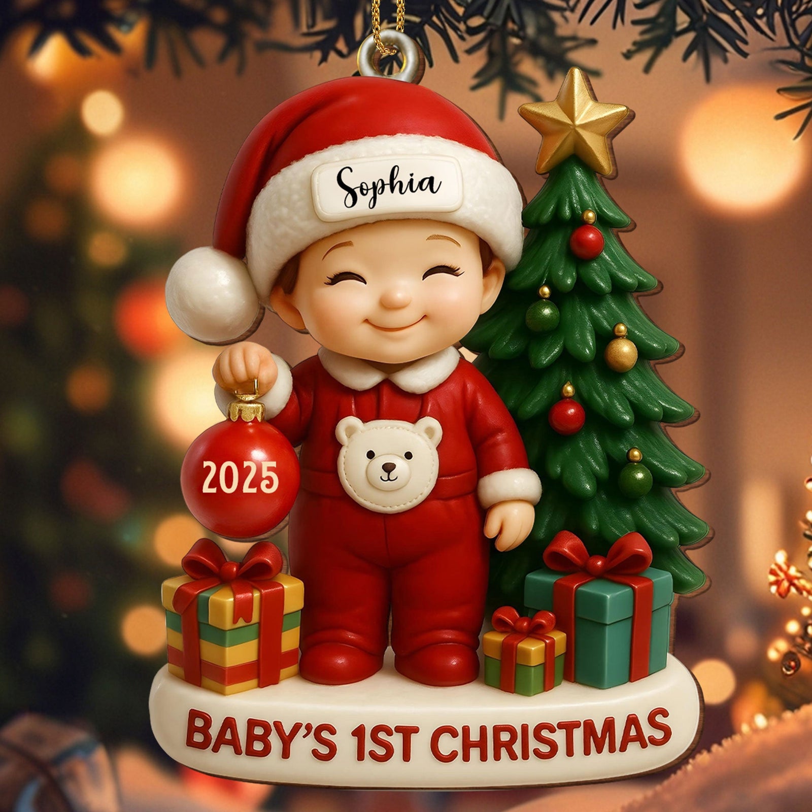 Baby’s 1st Christmas With Tree and Gifts, Personalized Custom Wood Ornament