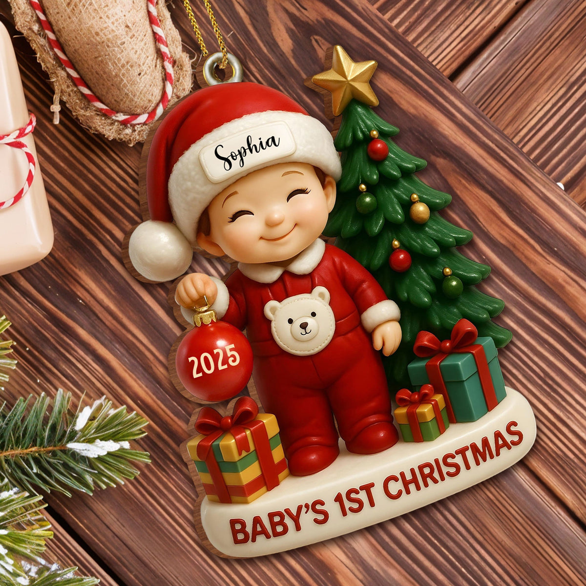 Baby’s 1st Christmas With Tree and Gifts, Personalized Custom Wood Ornament