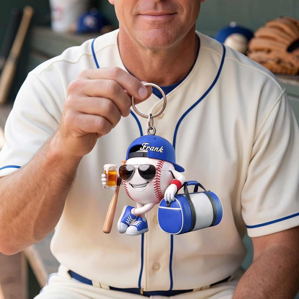 Baseball Softball , Bat And Cold Brews Keychain - Personalized Cool Baseball Softball Ball Mascot Keychain