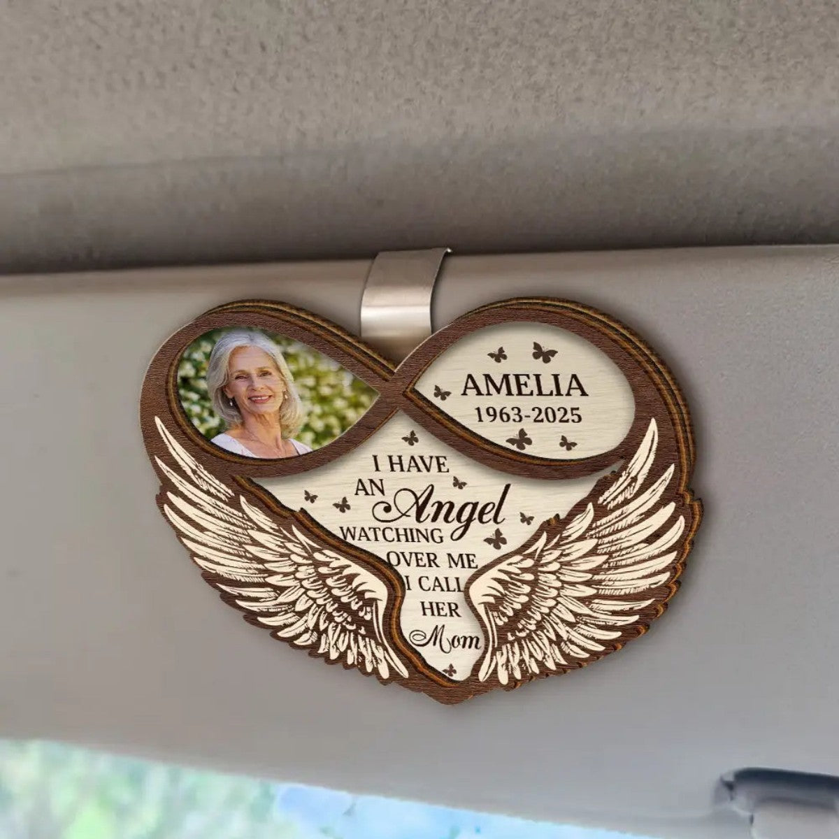 Custom Photo Memorial Dad Mom I Have An Angel Watching Over Me - Personalized Car Visor Clip