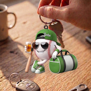 Baseball Softball , Bat And Cold Brews Keychain - Personalized Cool Baseball Softball Ball Mascot Keychain