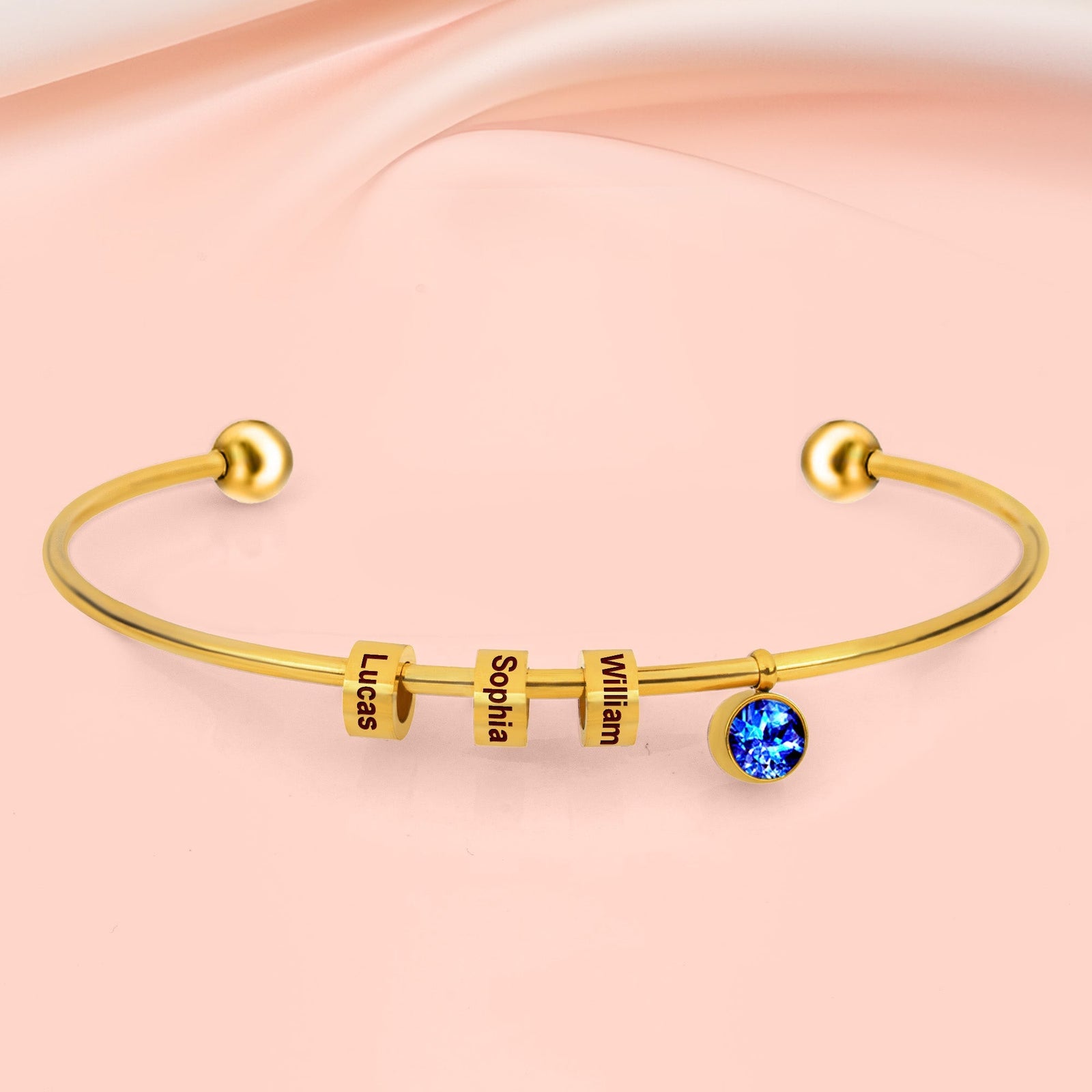 Personalized Engravable Bead Name Cuff Bracelet With Birthstone