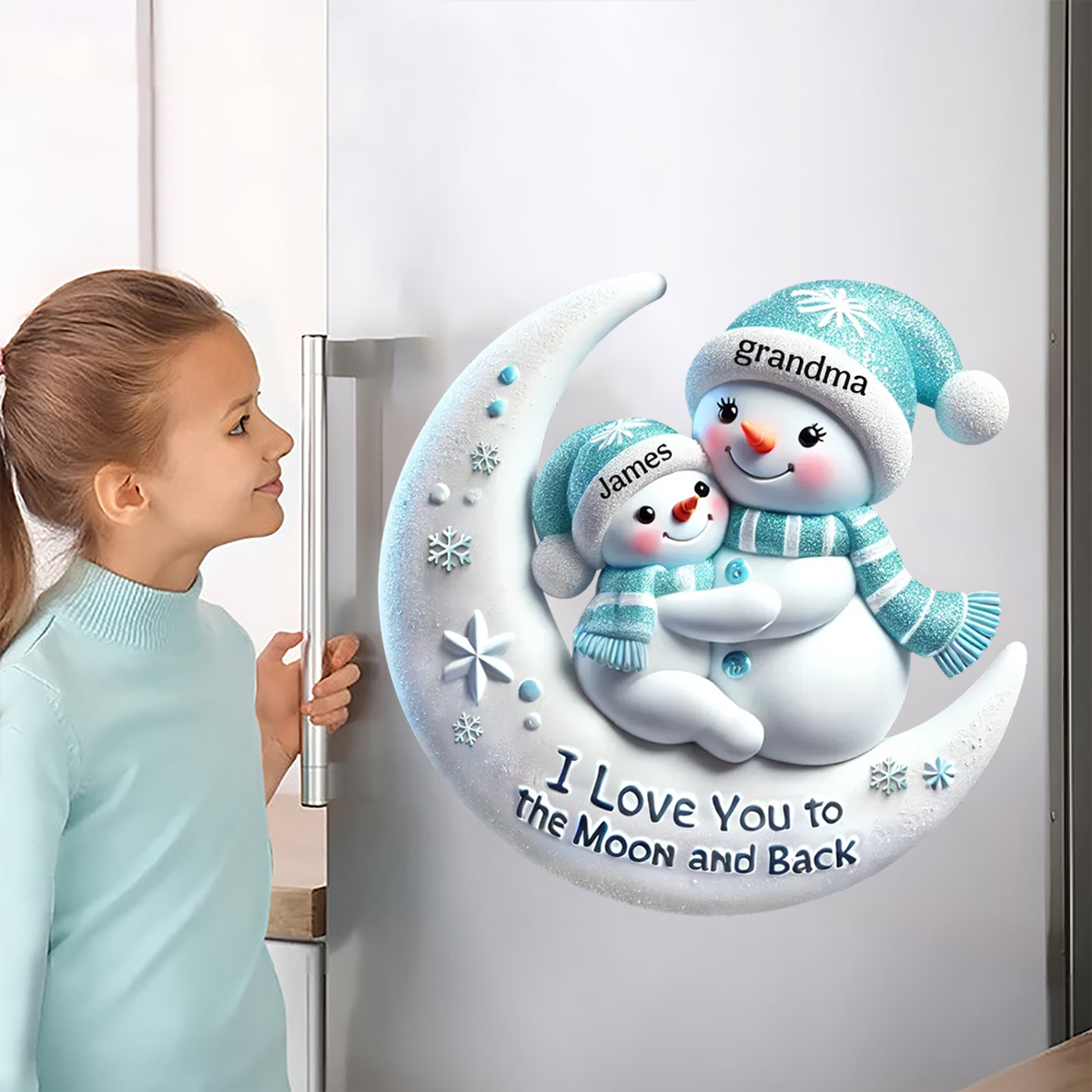 Snowman Grandma & Hugging Grandkid On The Moon Personalized Decal