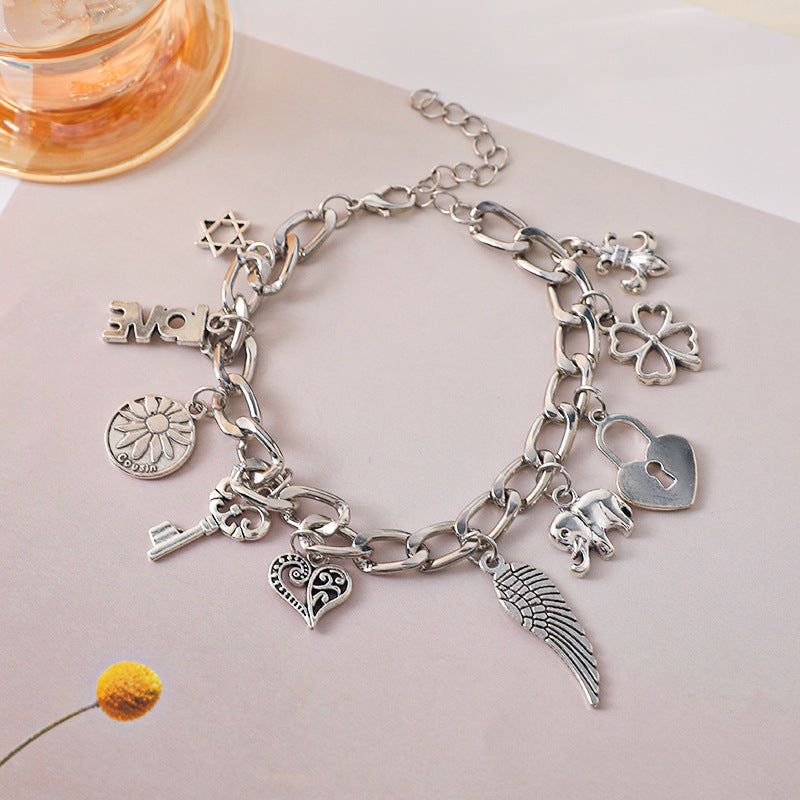 Vintage Engraved Heart Lock Key Wings Charm Ancient Silver Bracelet