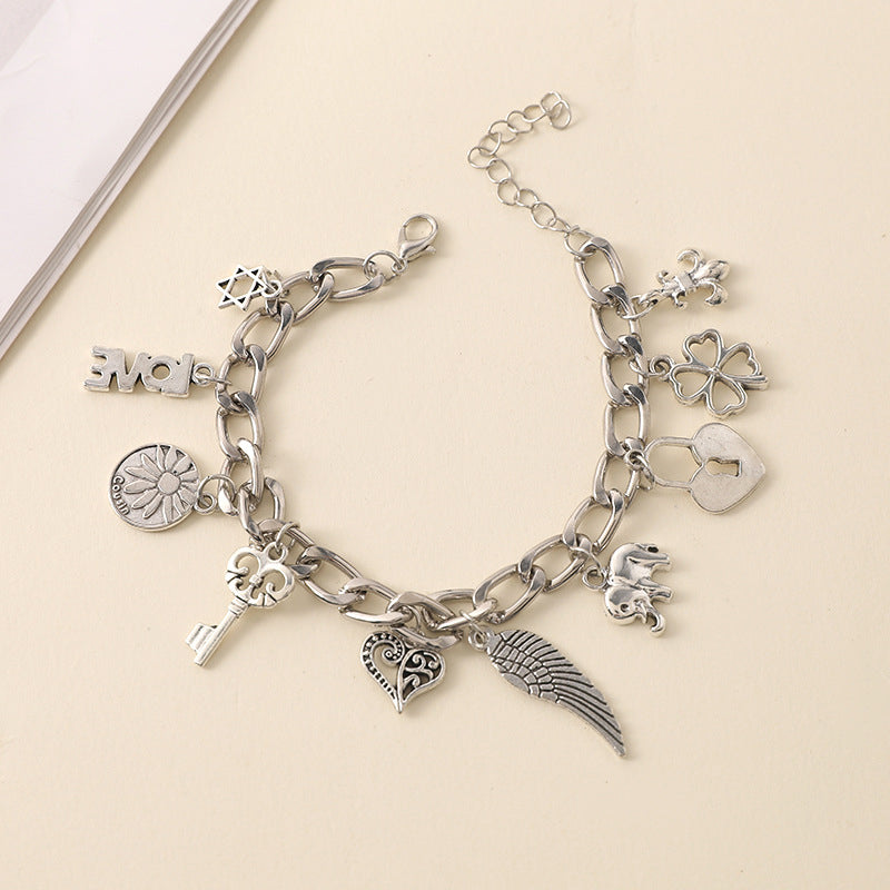 Vintage Engraved Heart Lock Key Wings Charm Ancient Silver Bracelet