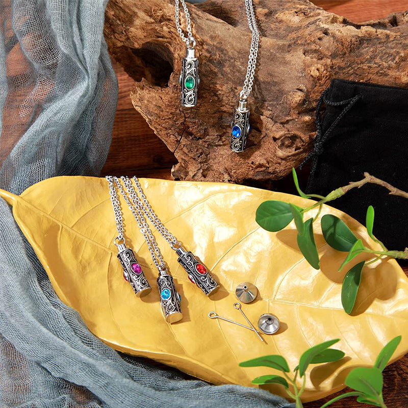 Personalized Gemstone Vintage Cylinder Urn Necklace for Ashes, Sympathy Gift for Pet Loss/Family/Friend/Lover