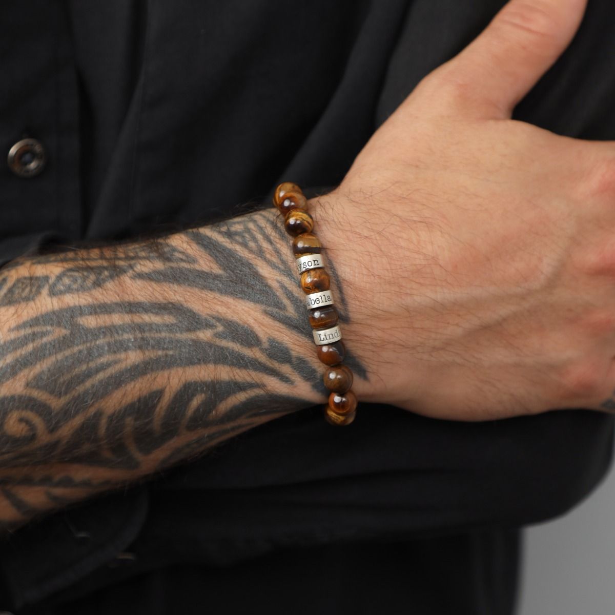 Personalized Tiger's Eye Stone Bead Bracelet for Family,Custom 1-8 Name