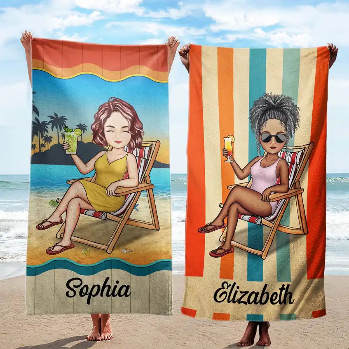 Traveling Beach Poolside Swimming Picnic Vacation Cartoon - Personalized Custom Beach Towel