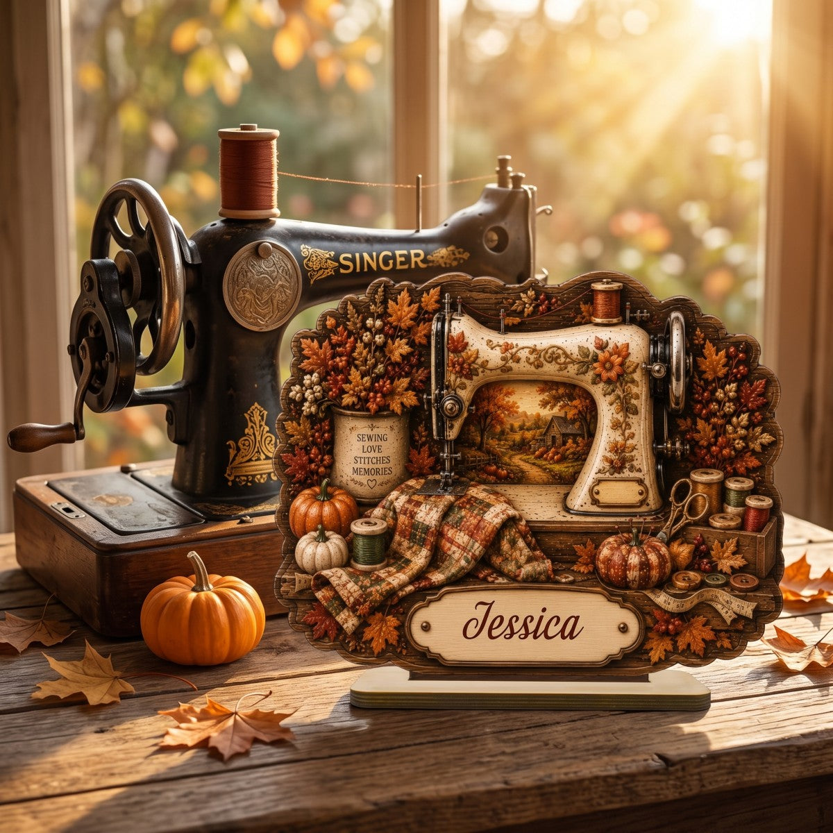 Personalized Sewing Machine Fall Season Wooden Plaque,Custom Name Gift For A Tailor