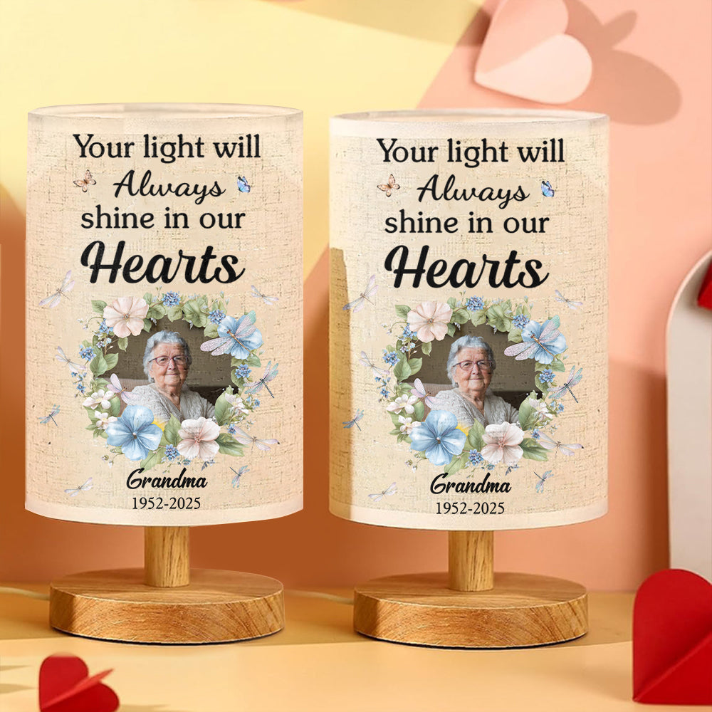 Your Light Will Always Shine In Our Hearts - Personalized Memorial Tableside Lamp With Wood Base