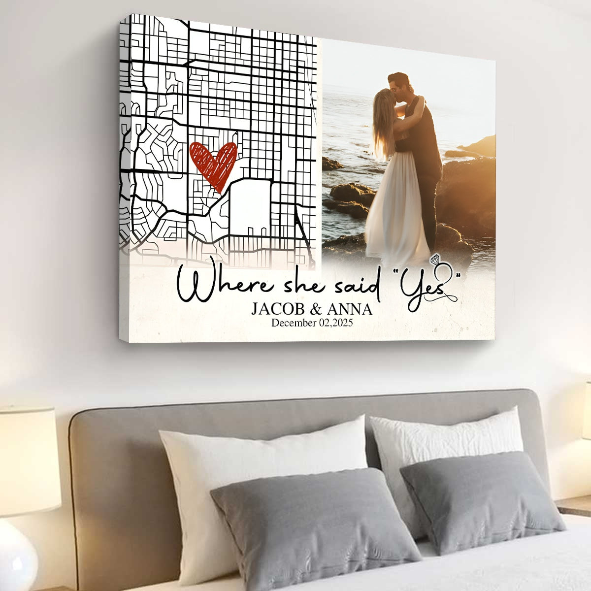 Personalized Engaged Gift, Where She Said Yes Custom Engagement Map Canvas, Engagement Gift for Couple, Unique Gift For Newly Engaged