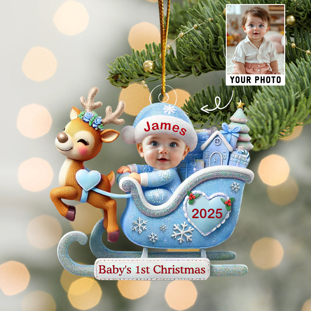 Baby In Reindeer Sleigh - Custom Photo Acrylic Ornament