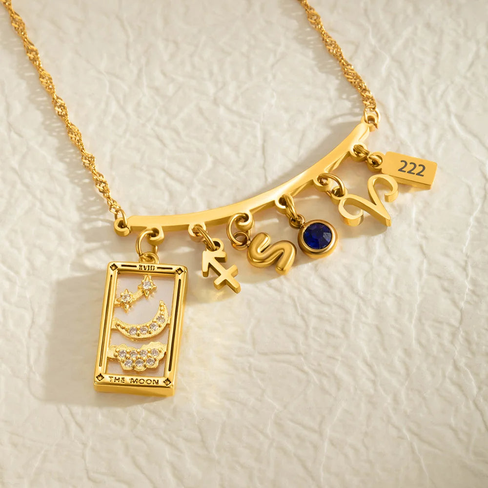 Personalized Tarot Zodiac Birthstone Initial Number Necklace Gift for Astrology Lovers