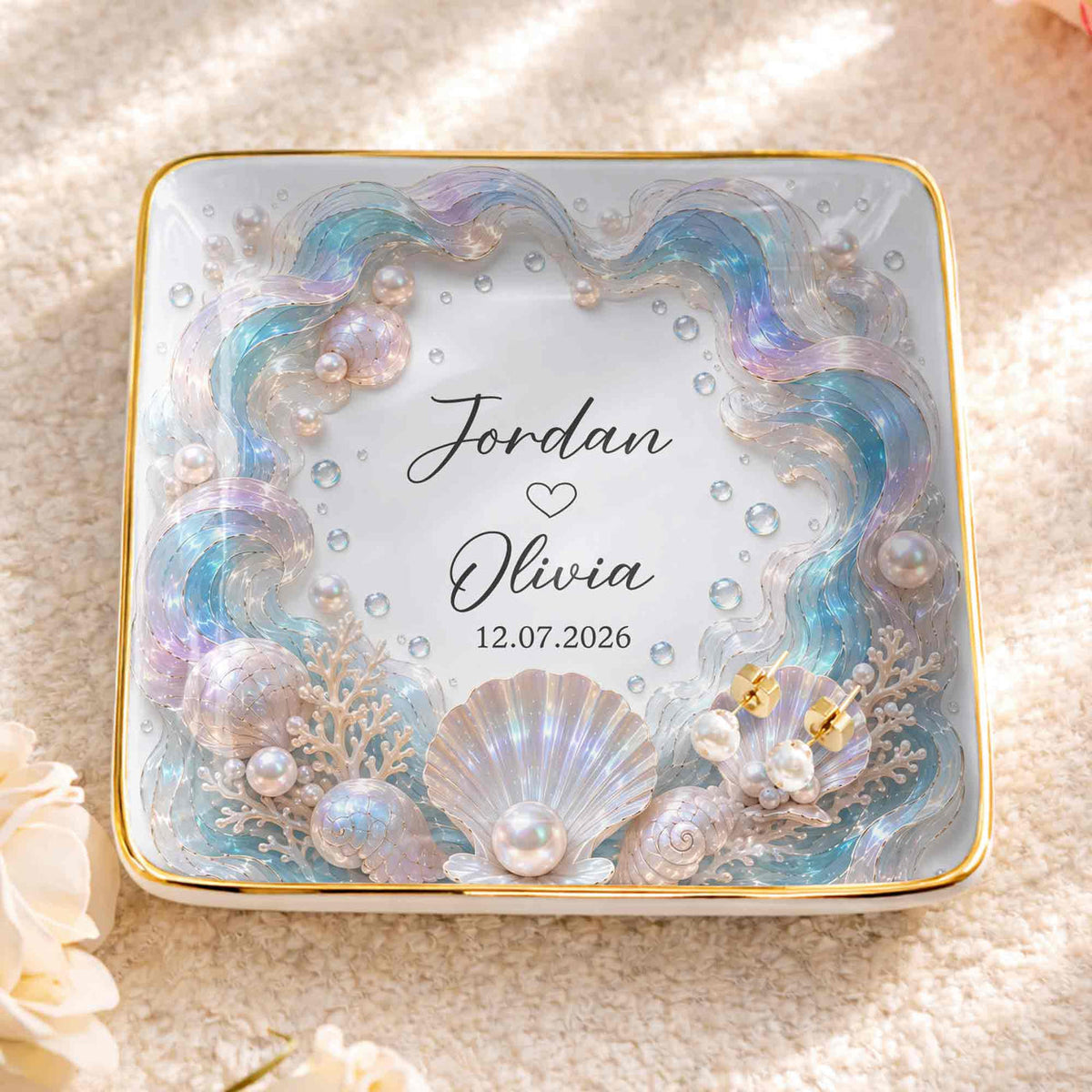 Our Love Is Deeper, Ocean Shell Pearls Personalized Ceramic Jewelry Dish, Gift For Couple