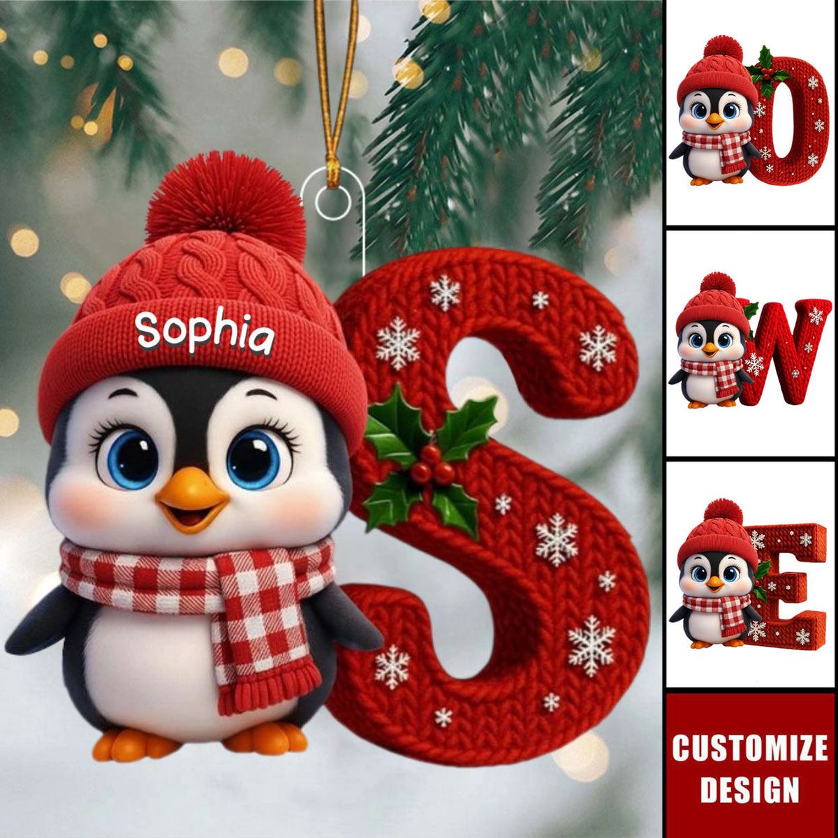 Penguin Kids Christmas - Initials Personalized Ornament