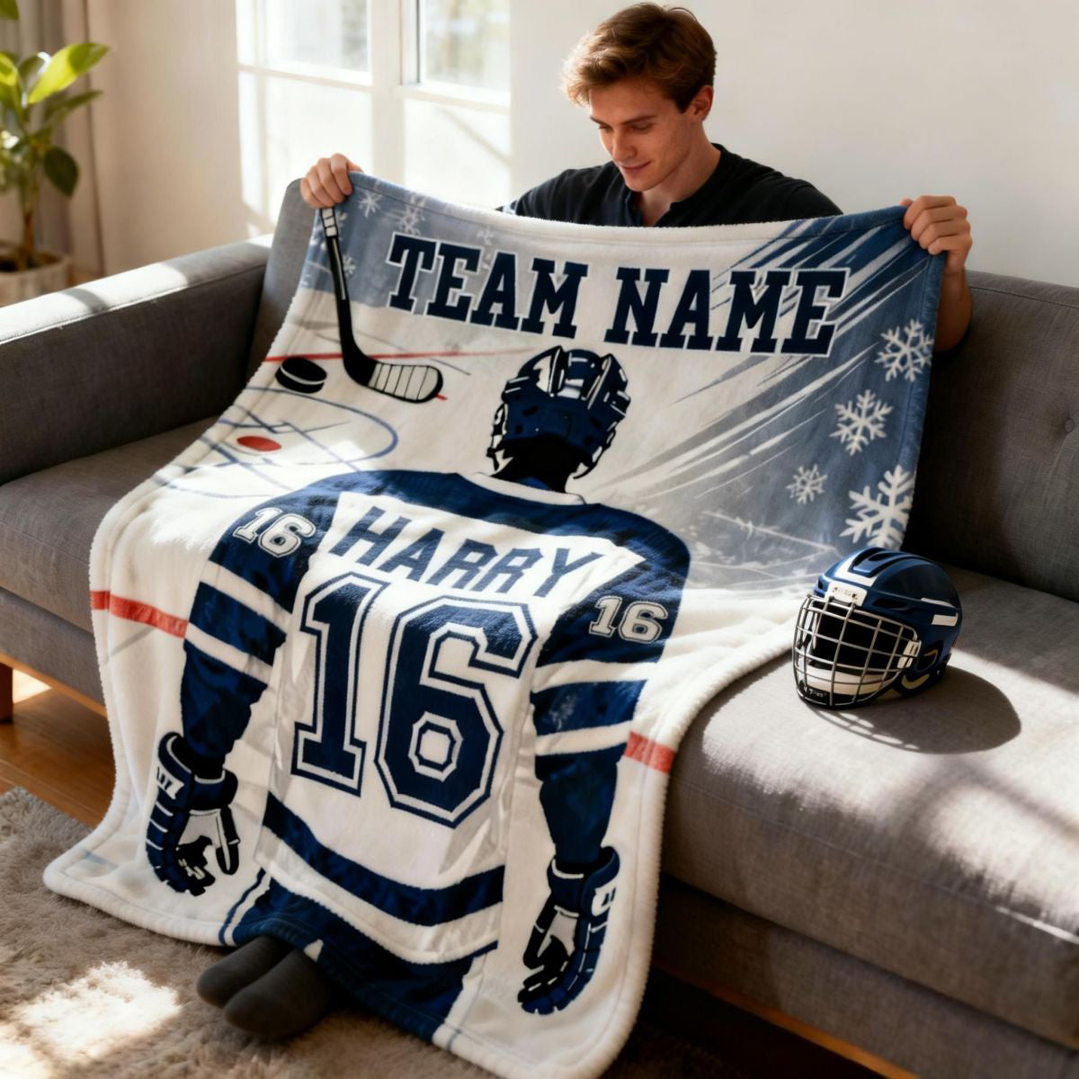 Custom Team Name, Player Name & Number Personalized Hockey Blanket Gift for Hockey Lovers