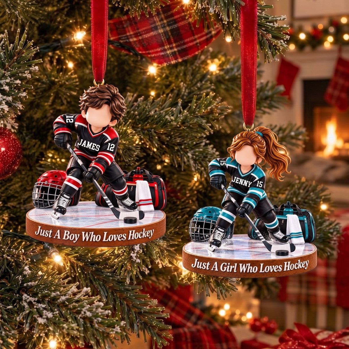Personalized Hockey Boy Hockey Girl Christmas Ornament