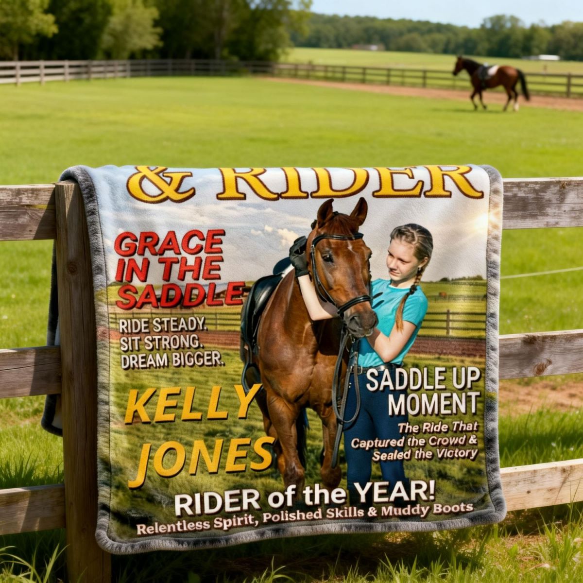 Born To Ride Custom Photo HORSE & RIDER Magazine Cover Personalized Blanket Gift for Horse Lovers
