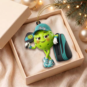 Pickleball Mascot Holding Paddle & Sports Bag Ornament- Personalized Gift for Pickleball Enthusiasts