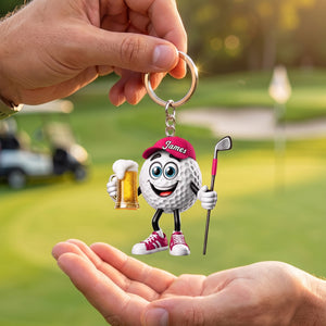 Toasting Golf Ball Keychain - Personalized Cute Beer Golf Mascot Keychain