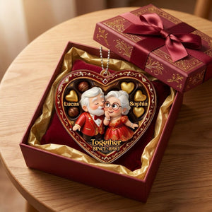 "Together Since [Year]" Heart Ornament With Elderly Couple – Personalized Gift For Grandparents & Couples
