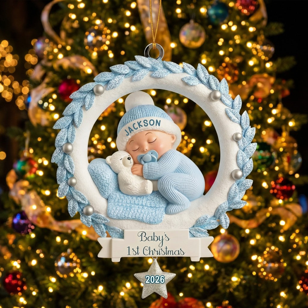Baby And Wreath – Baby's 1st Christmas Personalized Ornament