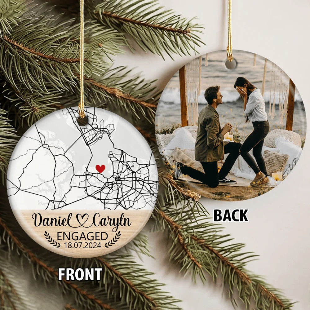 Engagement Ornament - Custom Photo, Location & Map Personalized Ceramic Ornament