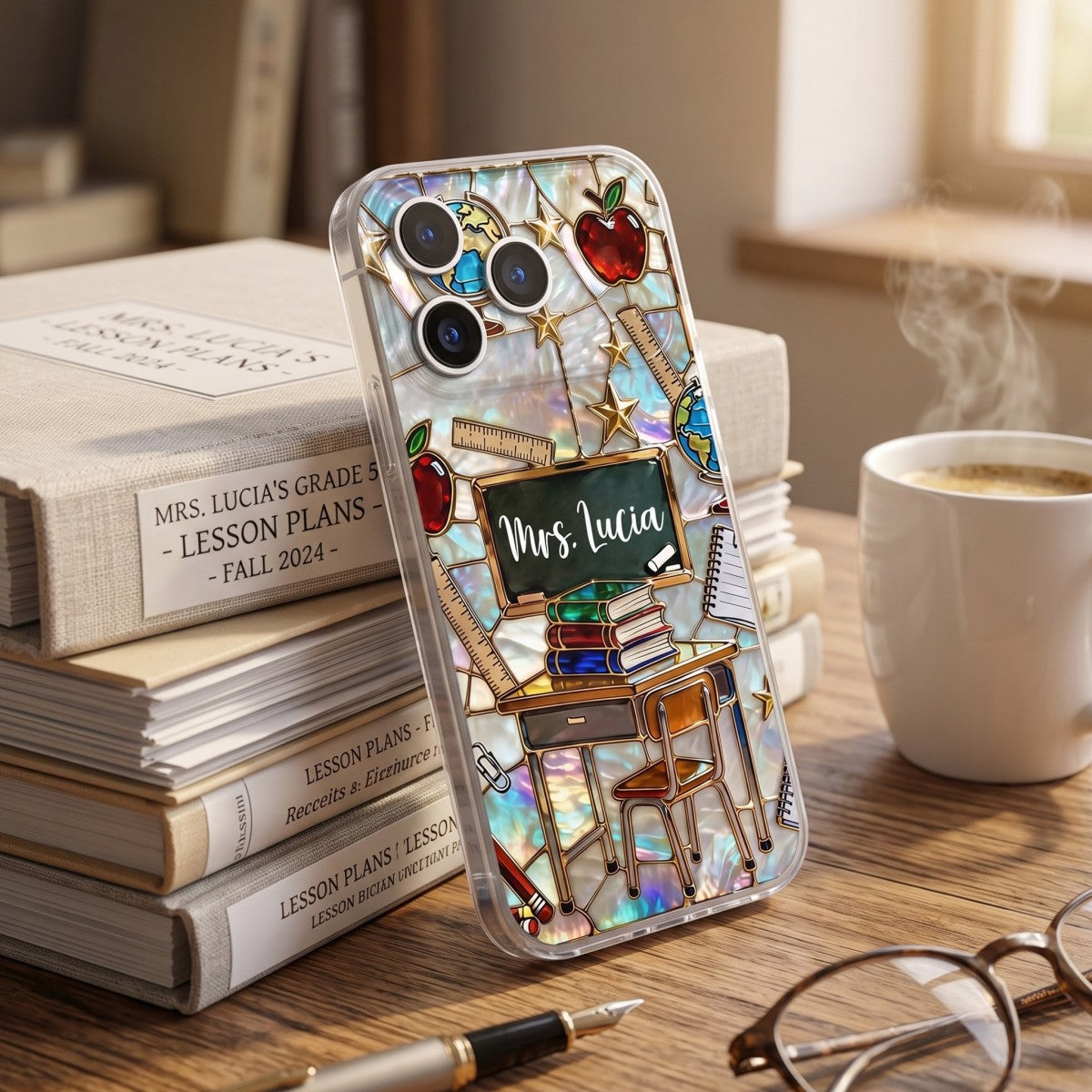 Classroom Inspired Book & Apple Design – Personalized Clear Phone Case | Gift For Teachers & Educators