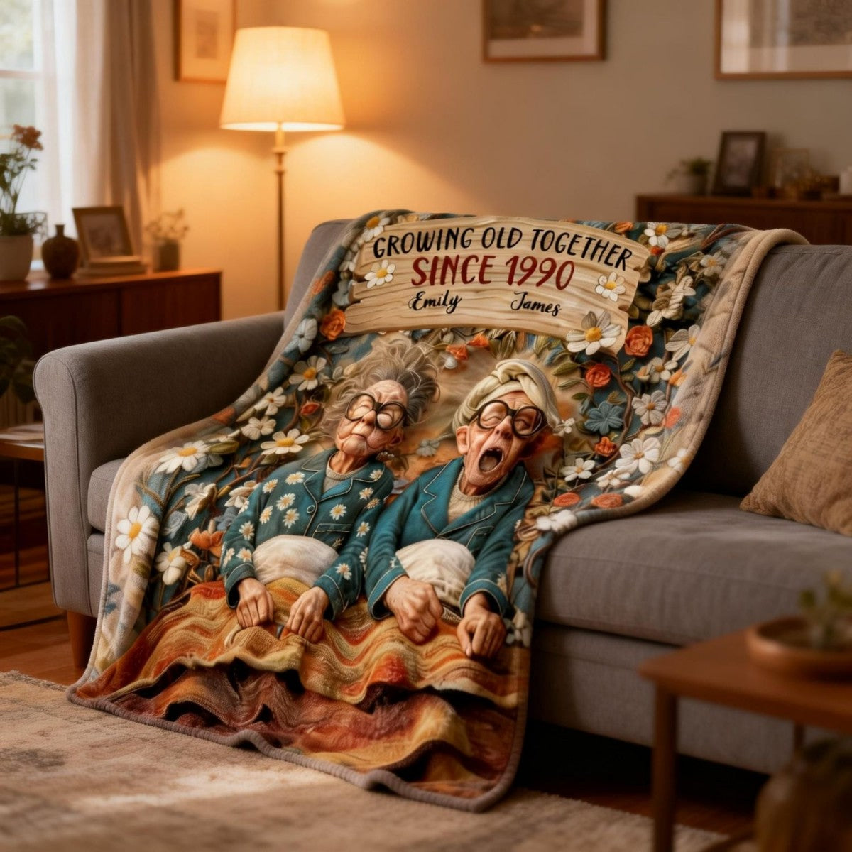 Growing Old Together, Elderly Couple And Flowers, Personalized Blanket, Gift For Couples And Grandparents