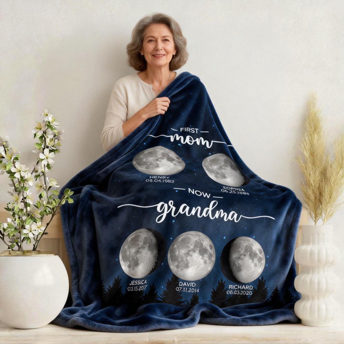 Galaxy Night First Mom Now Grandma Personalized Birth Moon Phase Blanket